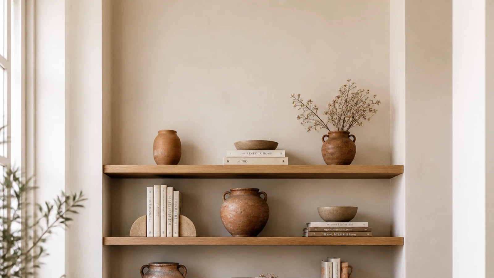 vertical view of bracketless oak floating shelves styled with pottery and books