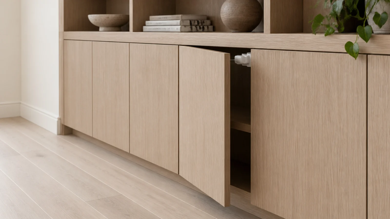 flat oak cabinet doors with no handles below modern built in shelves