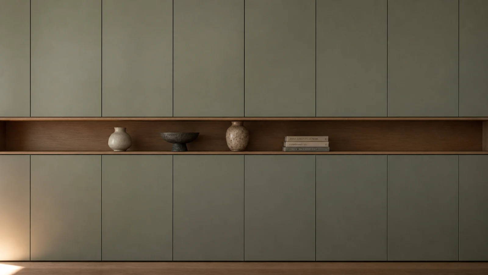 wall of closed cabinets broken by a single long open shelf band