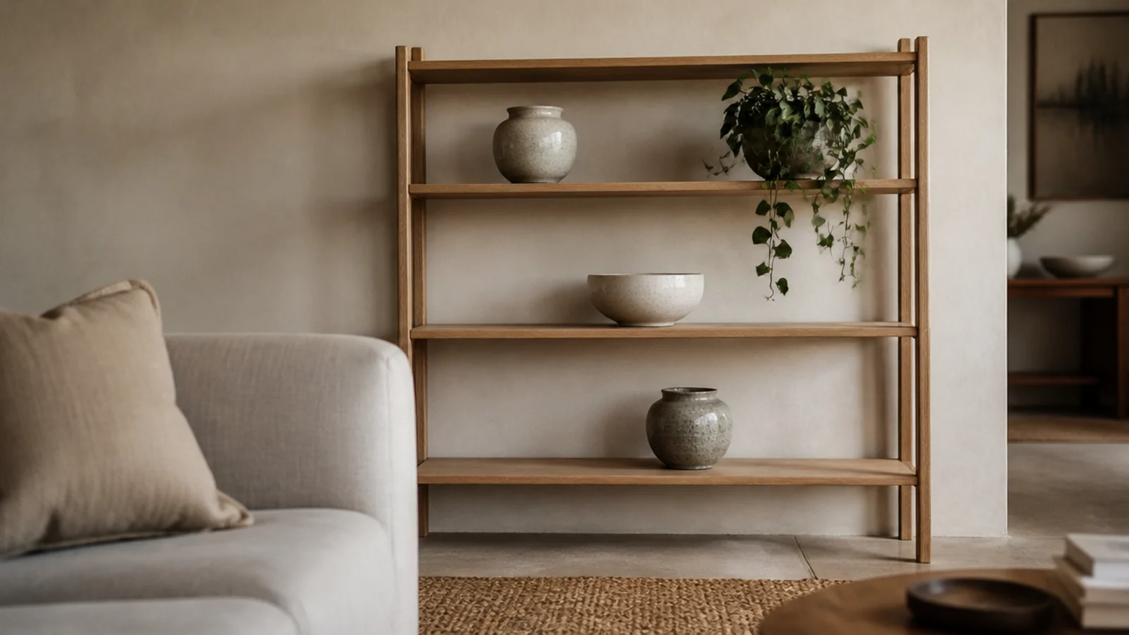 white oak modern built in shelves set against a pale plaster living room wall