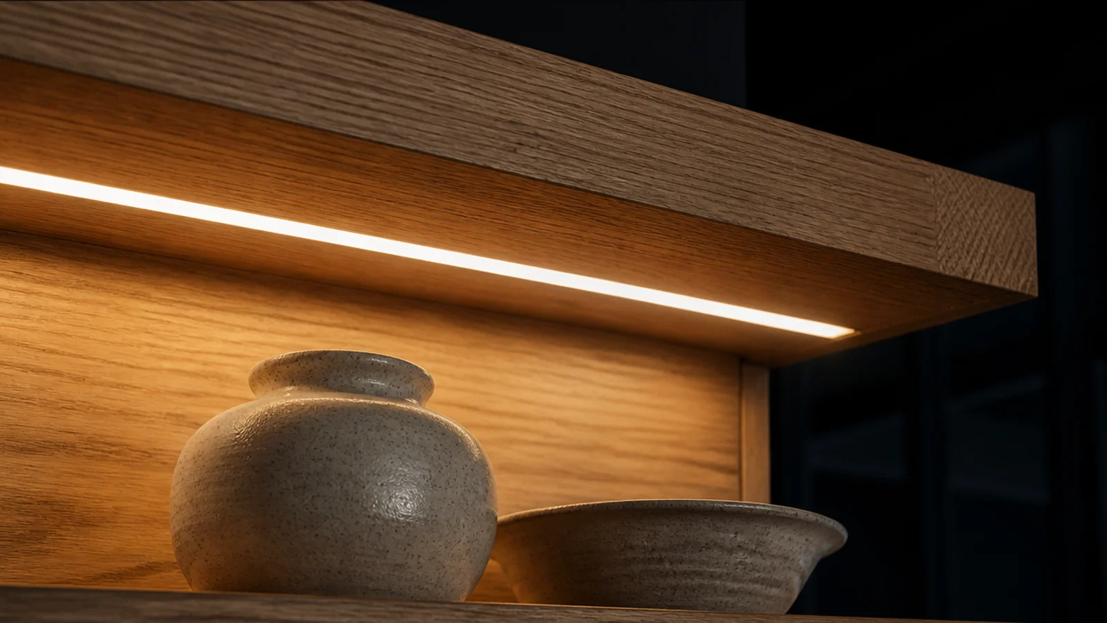 warm led strip hidden in a routed groove under a modern built in shelf