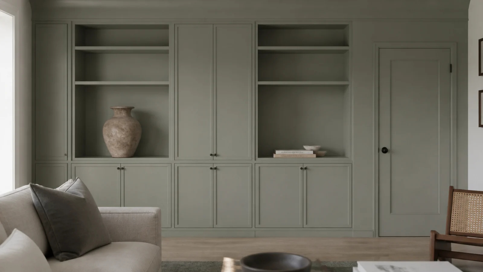 entire built in wall doors and shelves painted a single muted sage tone