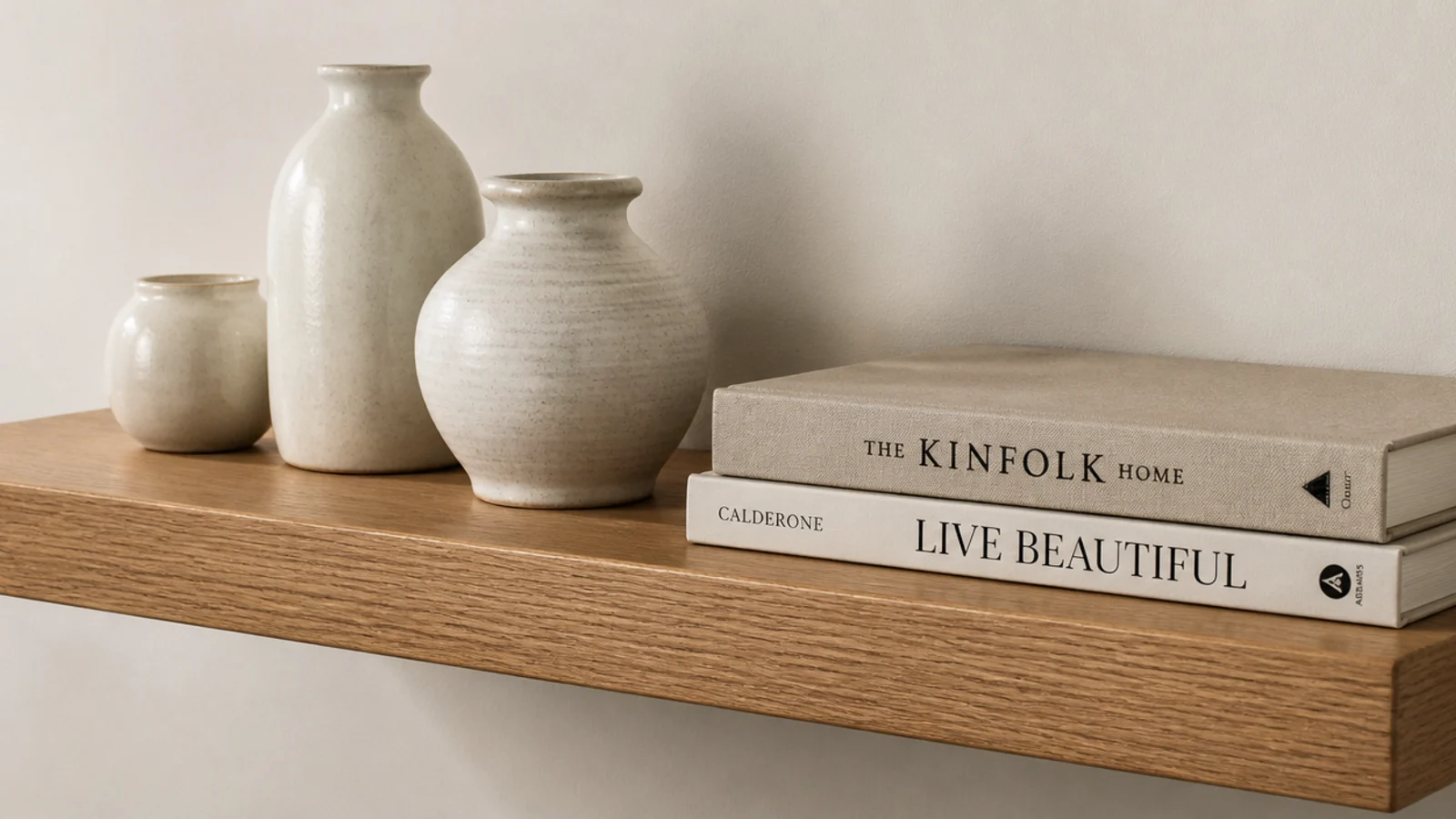 two inch thick modern built in shelves holding sparse ceramics and books