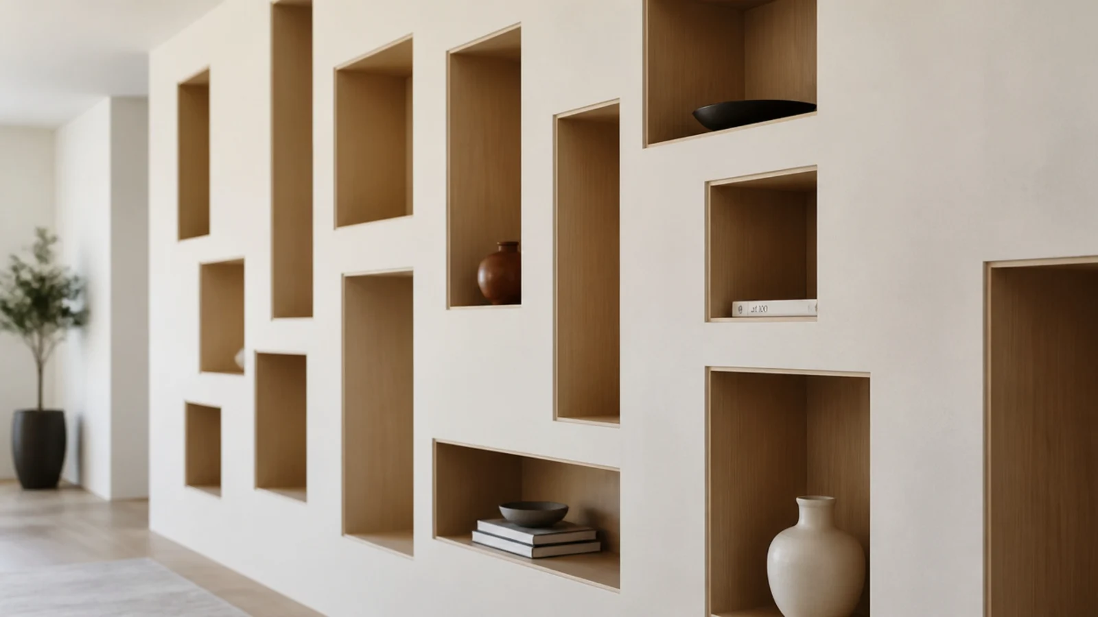 modern built in shelving with bays of deliberately different heights