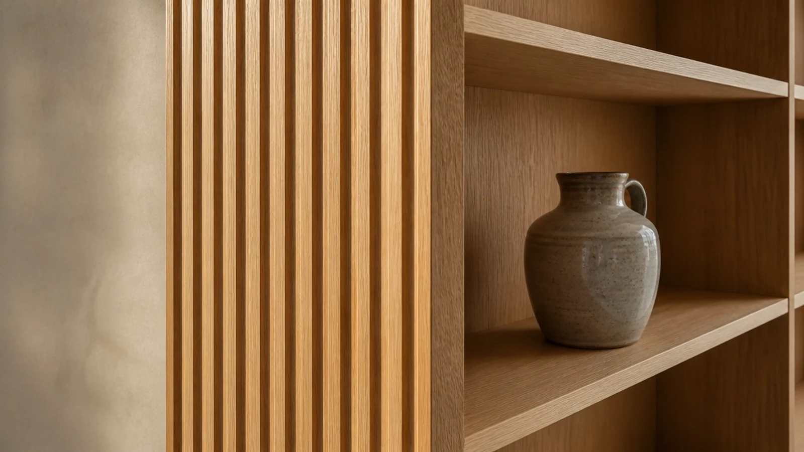 fluted oak panel used as an accent beside modern built in shelves