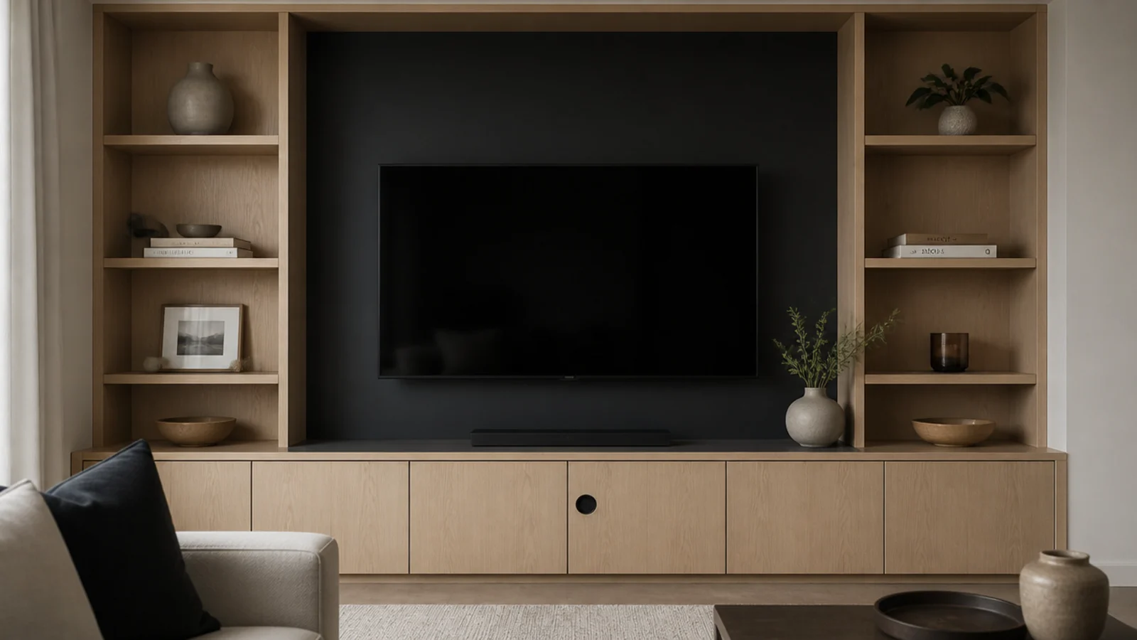 television recessed into a dark painted niche within modern built in shelving