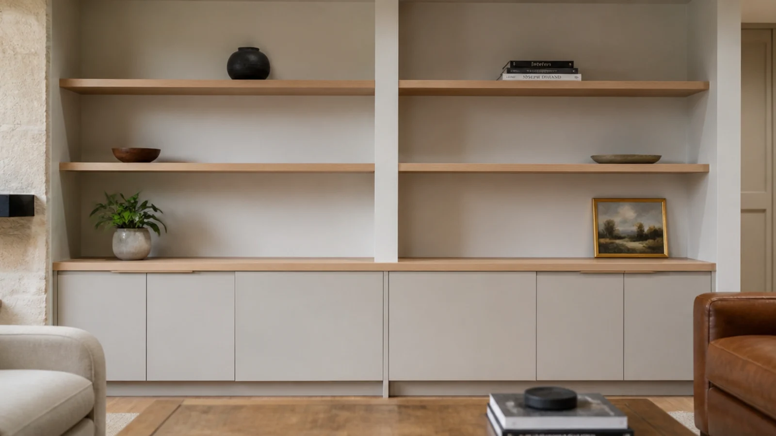 modern built in shelves with solid closed base and open oak shelves above
