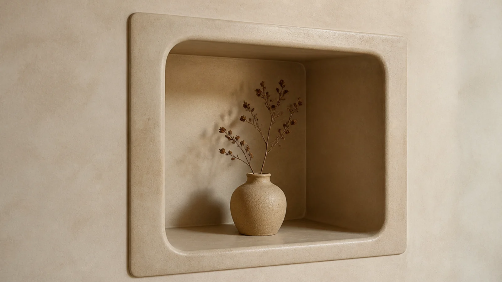 microcement surround wrapping a modern built in shelving opening