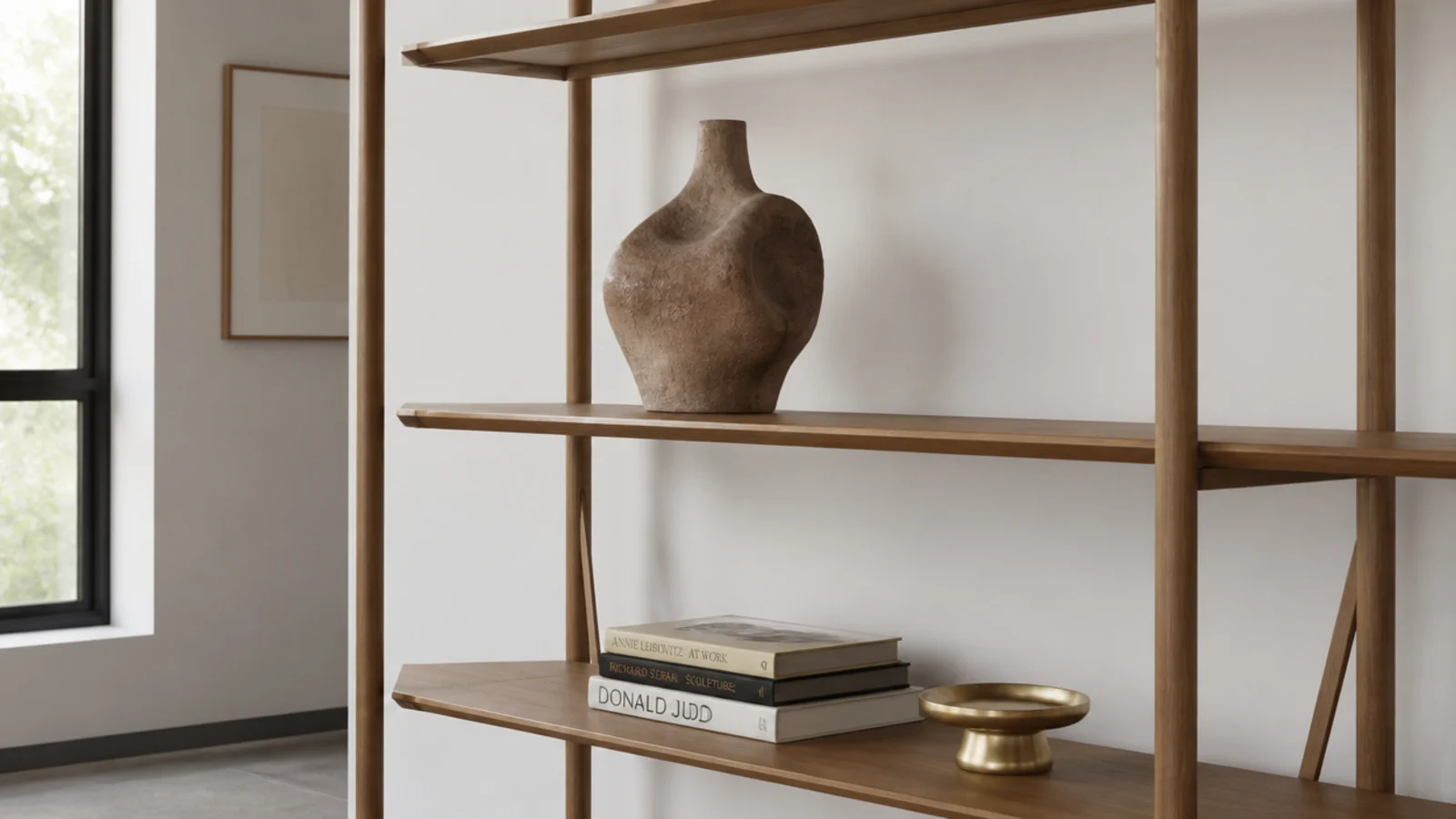 sparsely styled modern built in shelves with three large sculptural objects