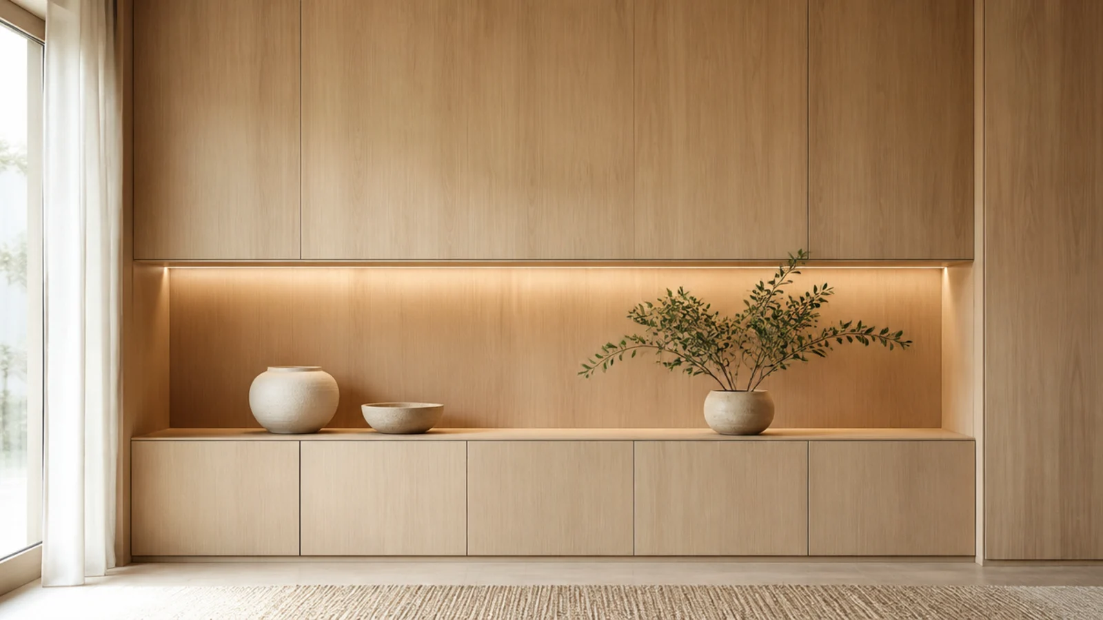 vertical view of modern built in shelves in oak with warm hidden lighting