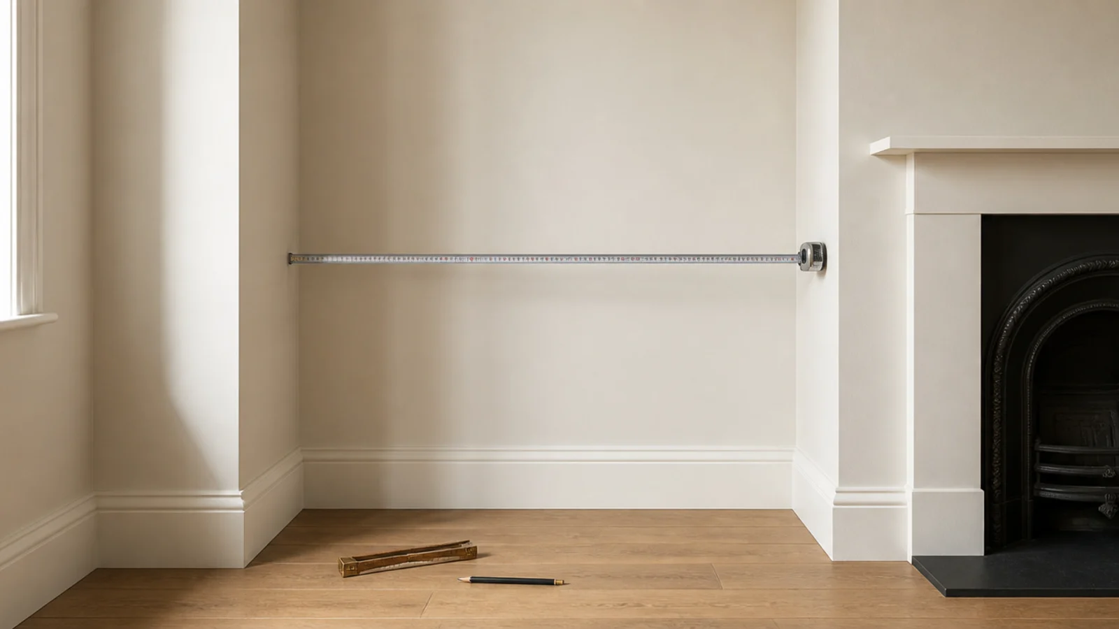tape measure across an empty alcove showing shelf depth before building white shelves