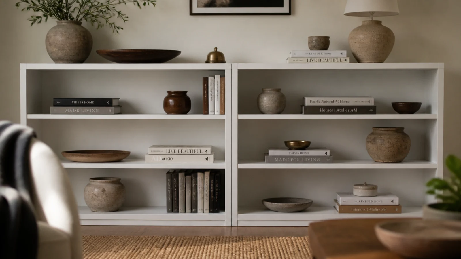 two white bookcases pushed together forming one continuous built-in shelf run