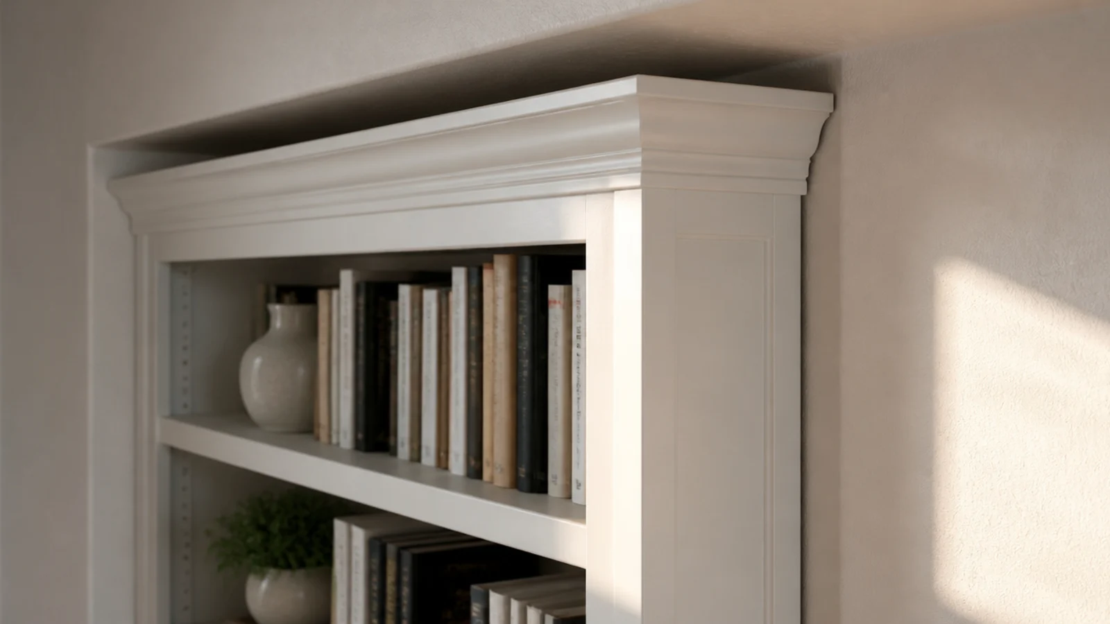 white bookcase fitted tightly into a plaster alcove with no visible side gap