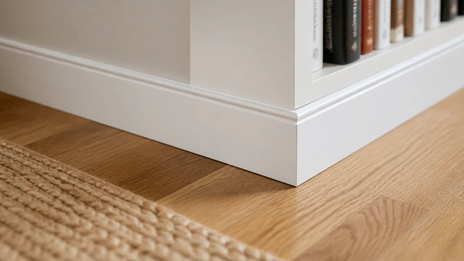 white baseboard wrapped around the bottom of a built-in bookcase run