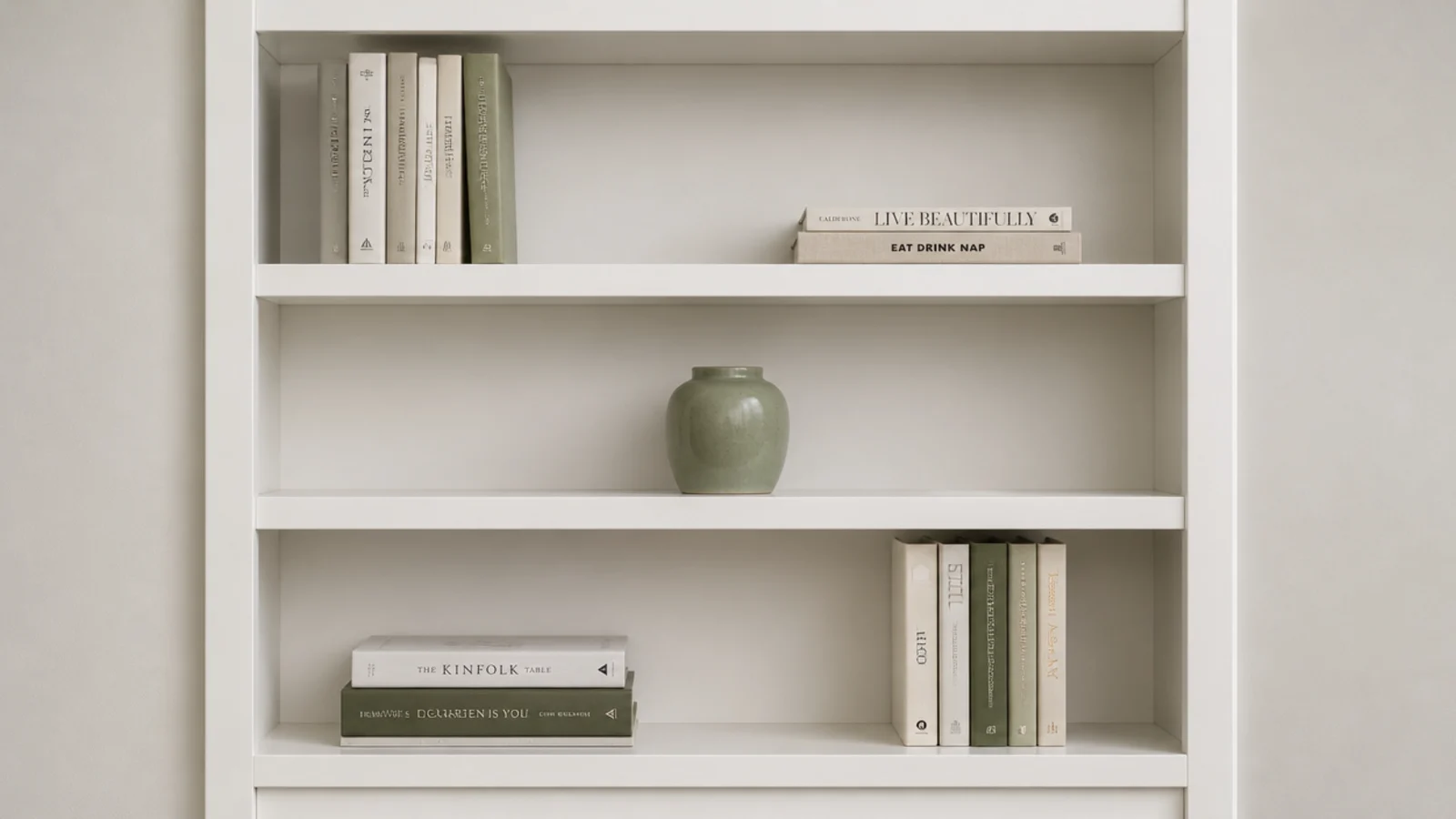 slim white face frame covering the front edges of built-in living room shelves