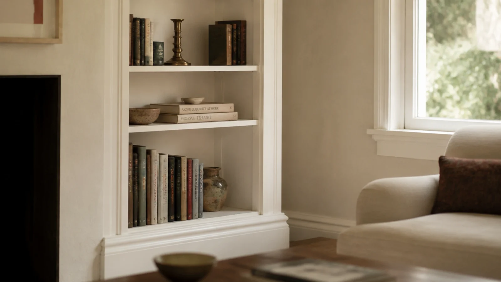 white built-in shelves painted to match the room trim and window casing