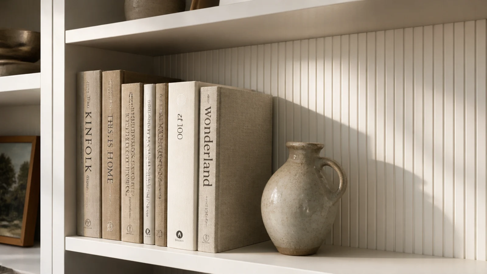 narrow beadboard panelling applied to the backs of white living room shelves