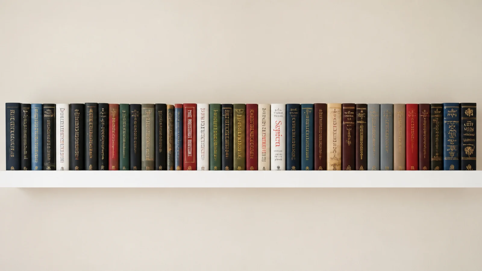 white shelf with a thick front lip holding a long row of heavy books