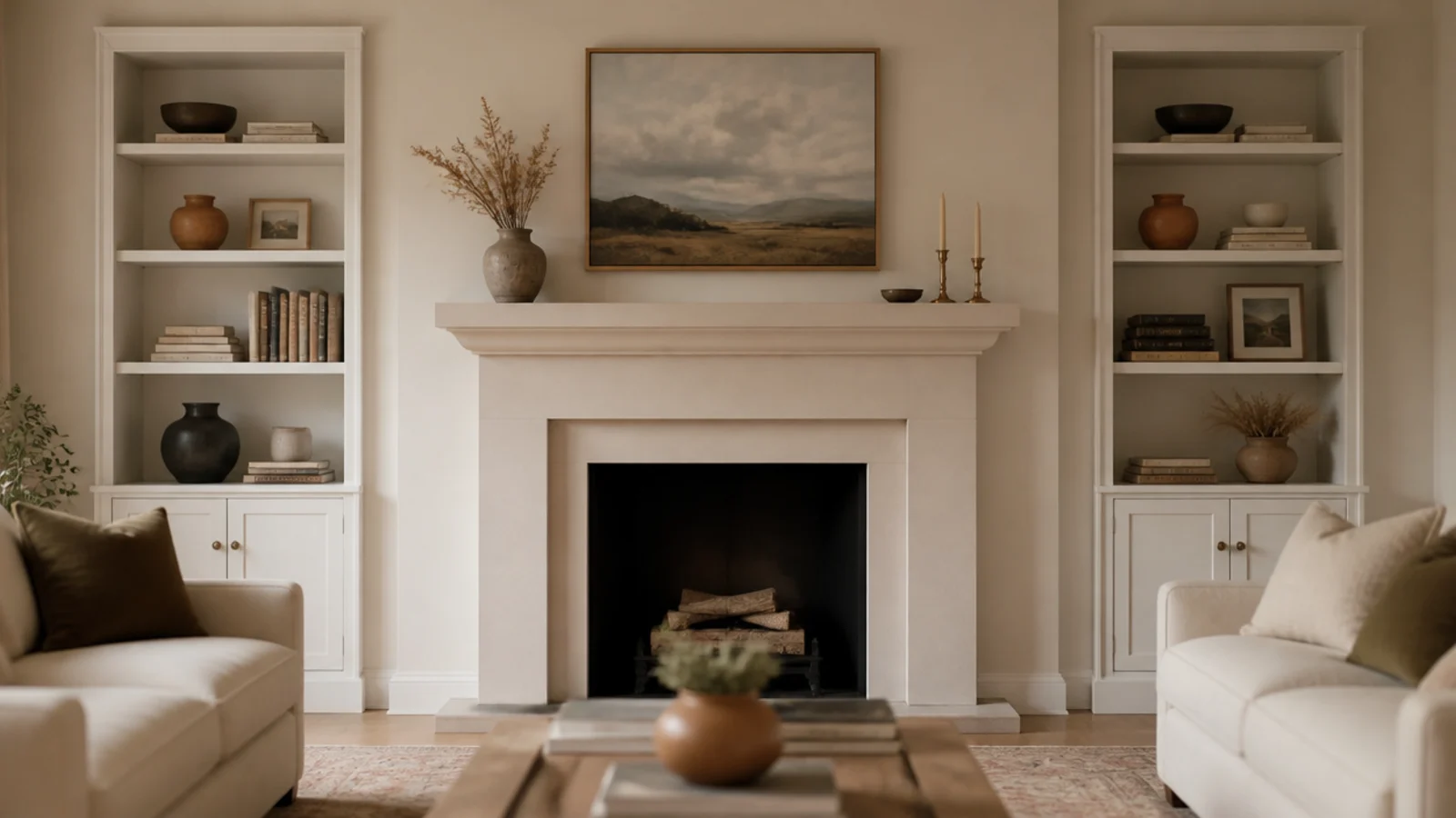 pair of white built-in shelves flanking a fireplace with clearance at the firebox