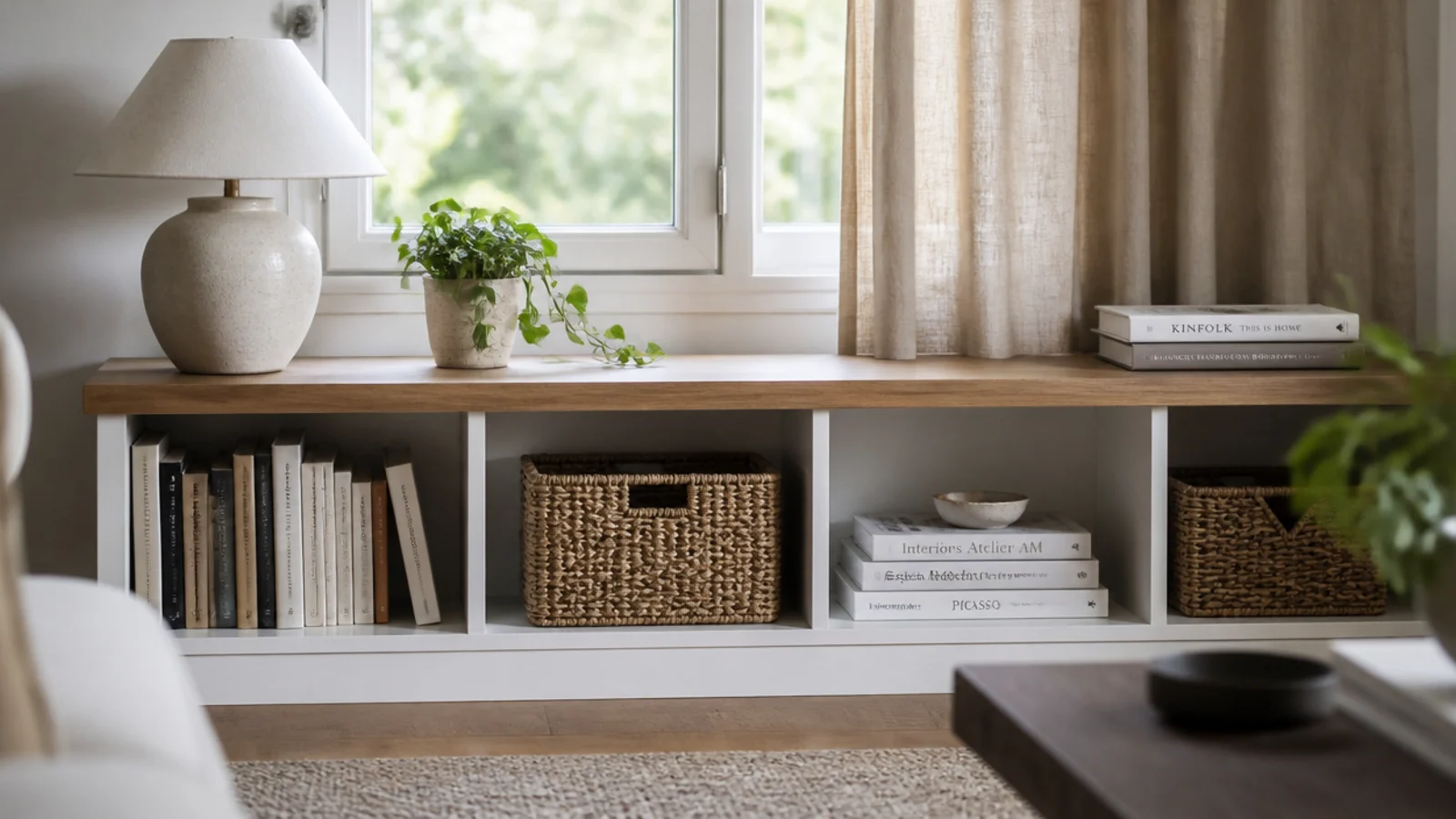 low white built-in shelves running beneath a living room window with a wood top