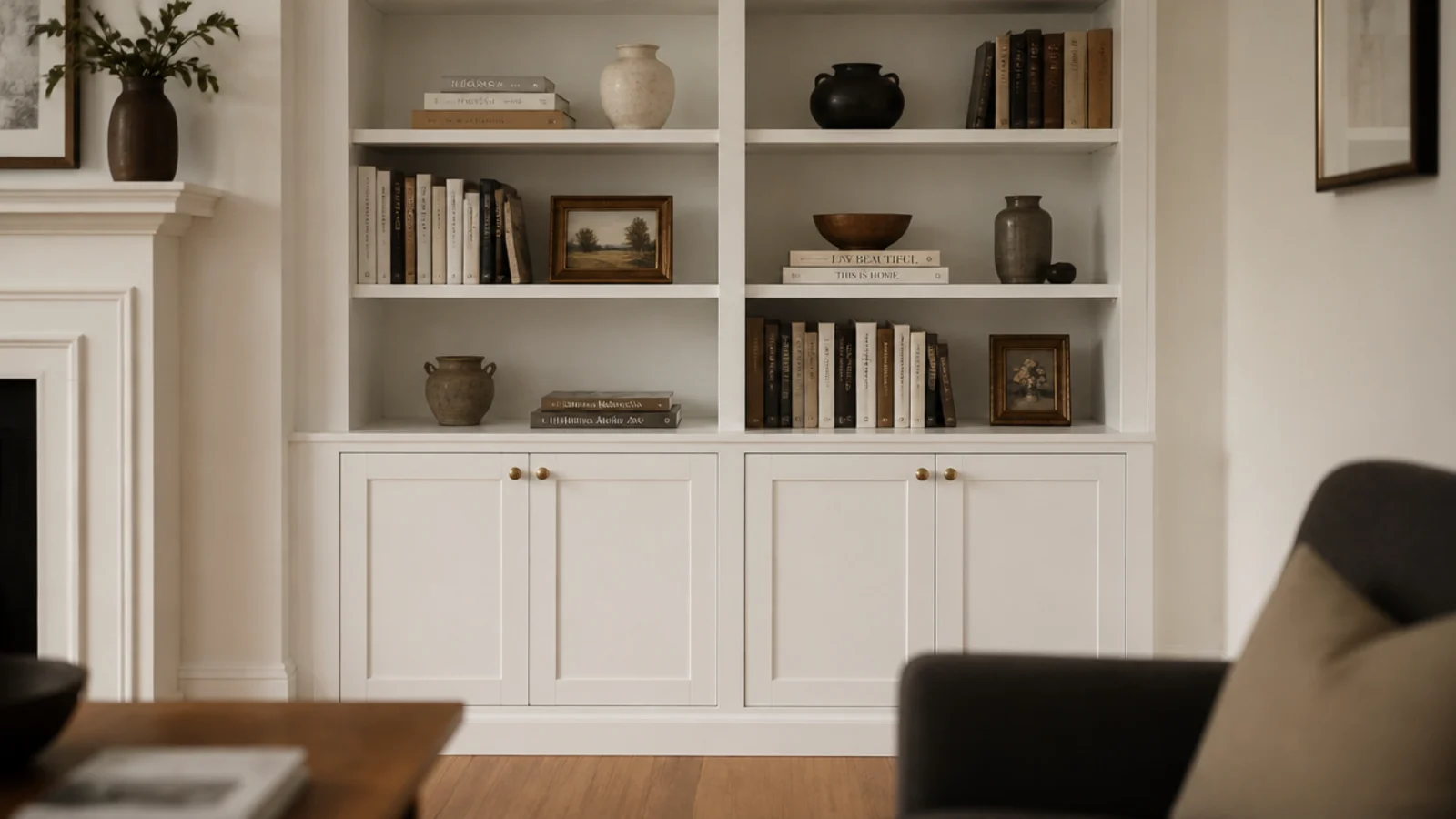 white built-in shelves with closed shaker cabinet doors along the lower section
