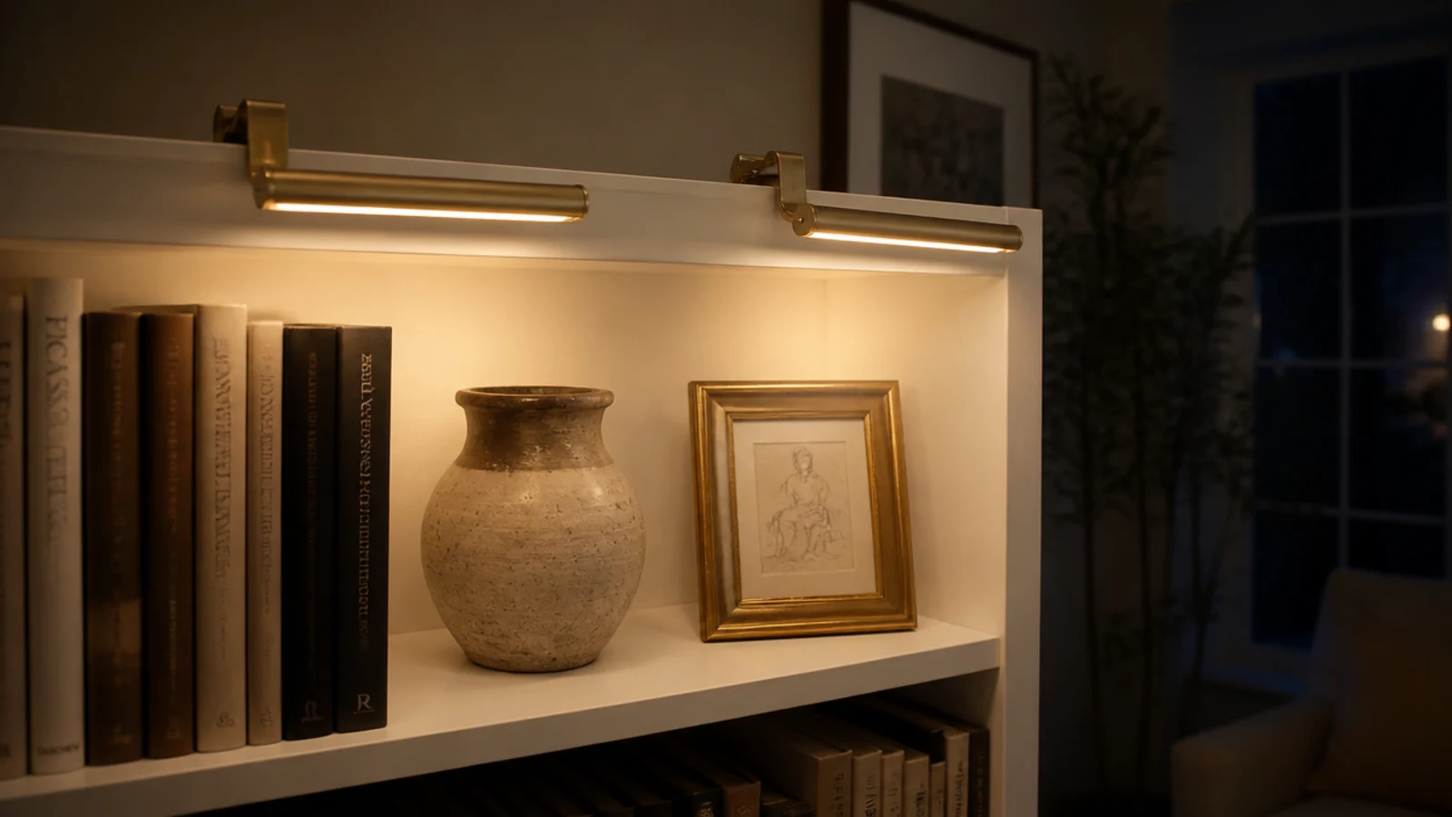 small brass picture lights washing warm light down white built-in shelves
