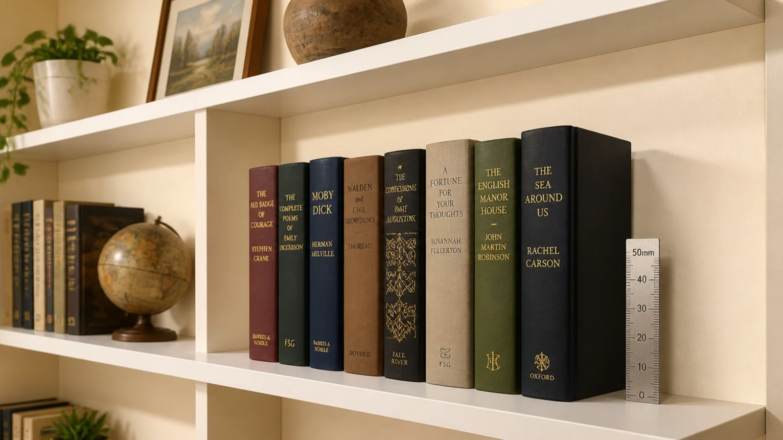 white shelves spaced for hardbacks with clear height above every book row