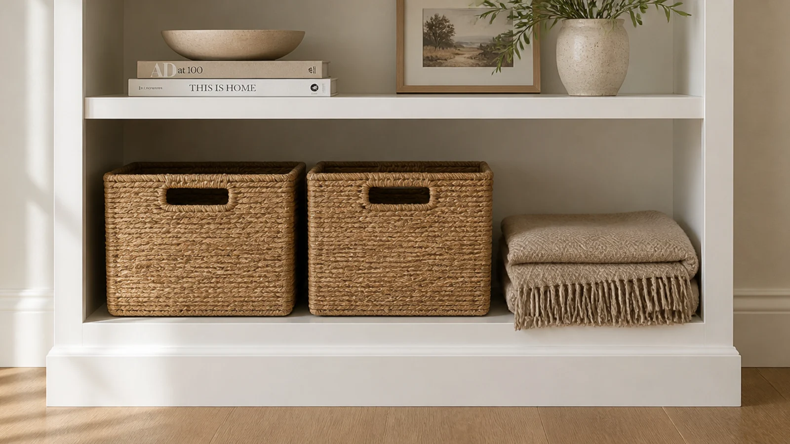 deep lower shelf of white built-ins holding two woven baskets side by side
