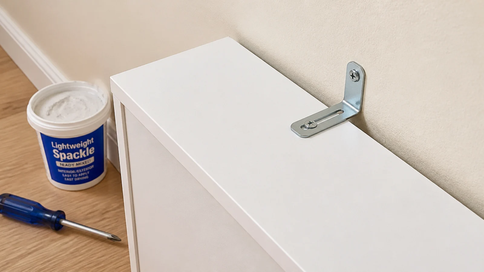 anti-tip bracket fixing a white bookcase built-in to the wall behind
