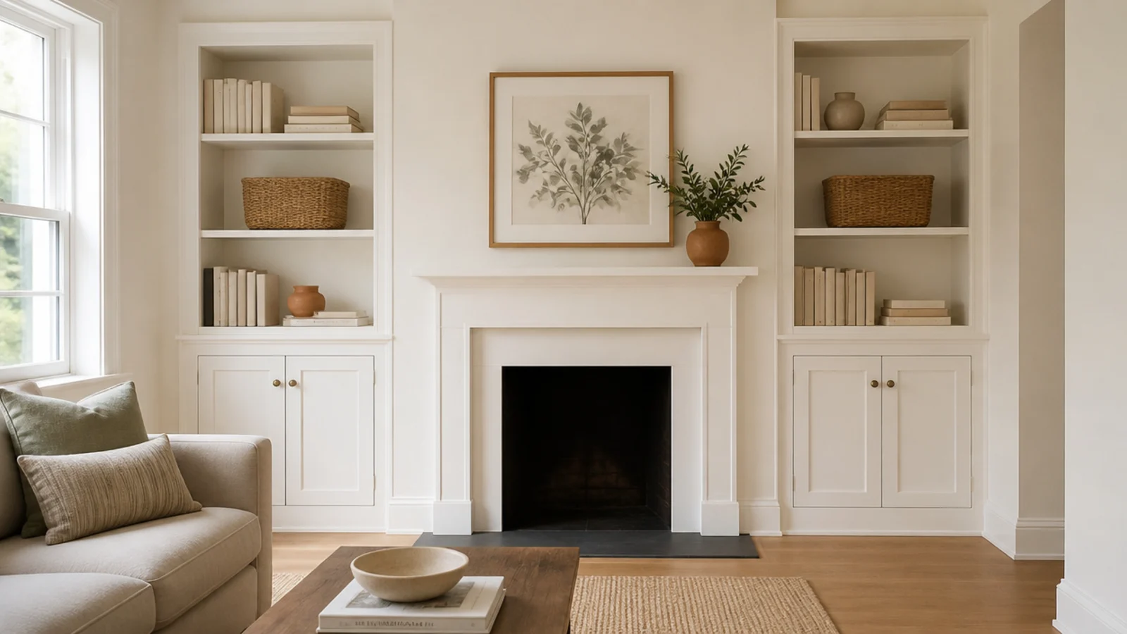 white built-in shelves flanking a rental living room fireplace with baskets and books
