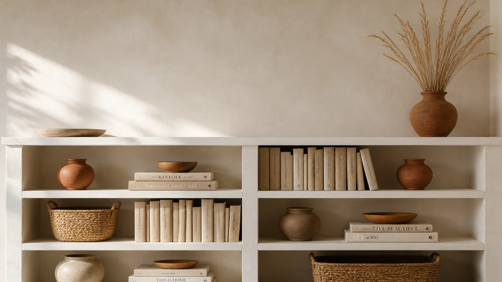 vertical view of white built-in shelves styled in a bright rental living room