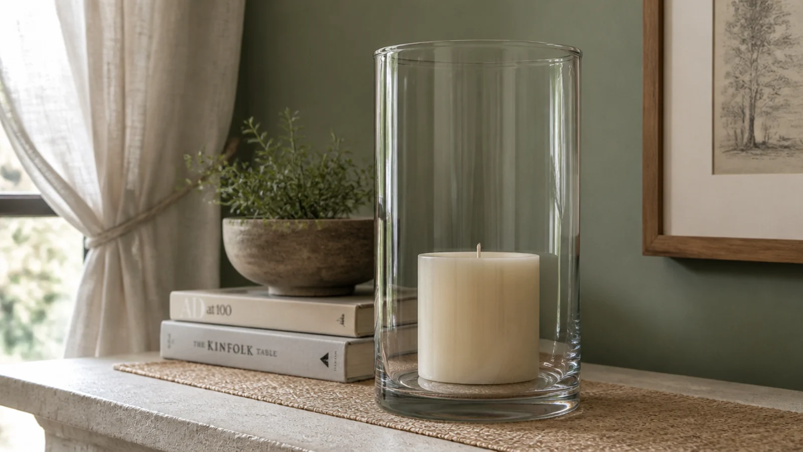 tall hurricane glass shielding a candle flame near a breezy hallway window