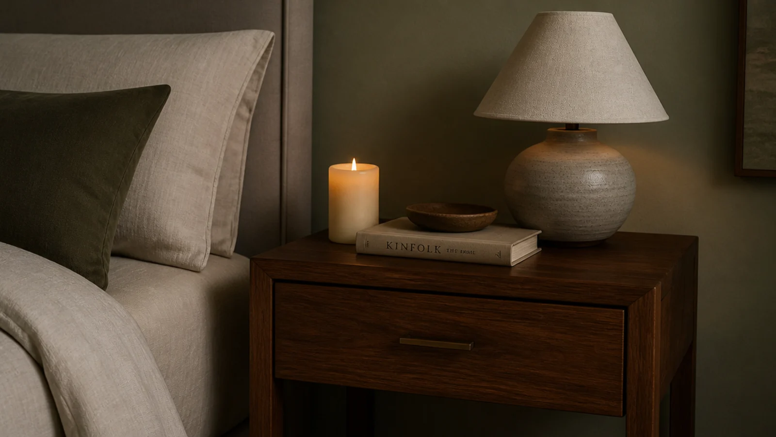 battery candle glowing on a walnut nightstand beside a linen made bed