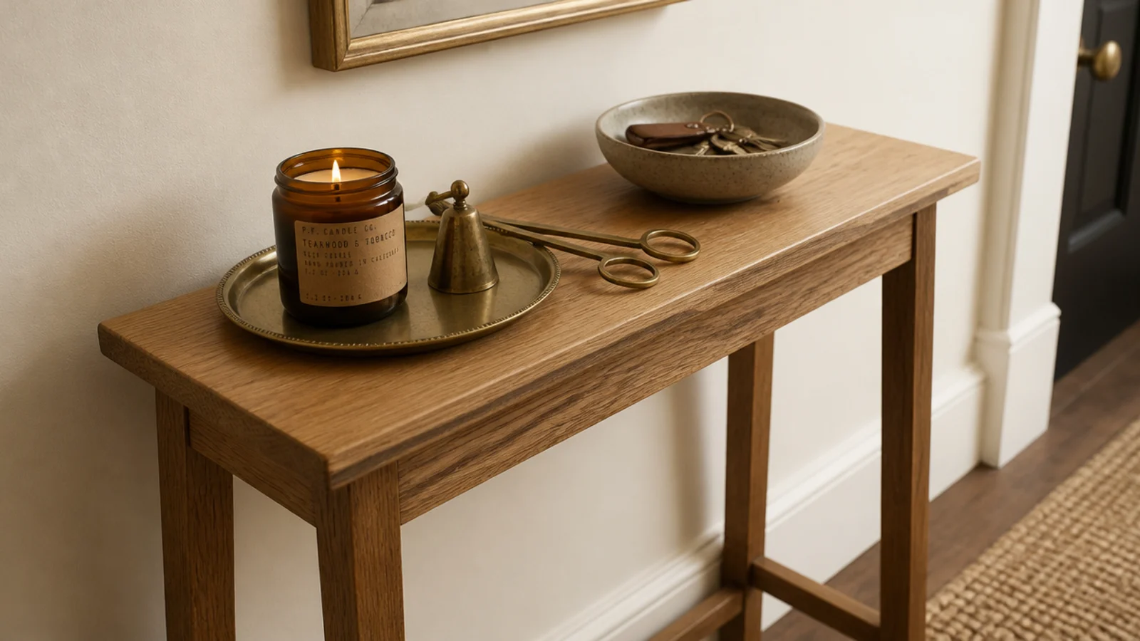 entry console with a candle tray brass snuffer and small wick trimmer