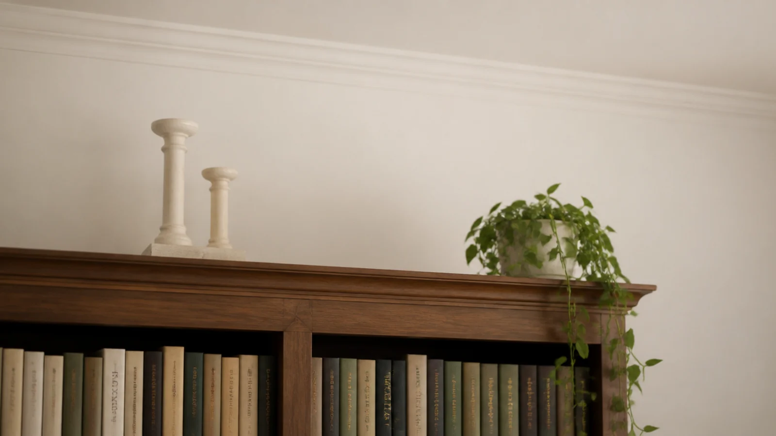candles glowing on the open top of a bookcase with clear ceiling space