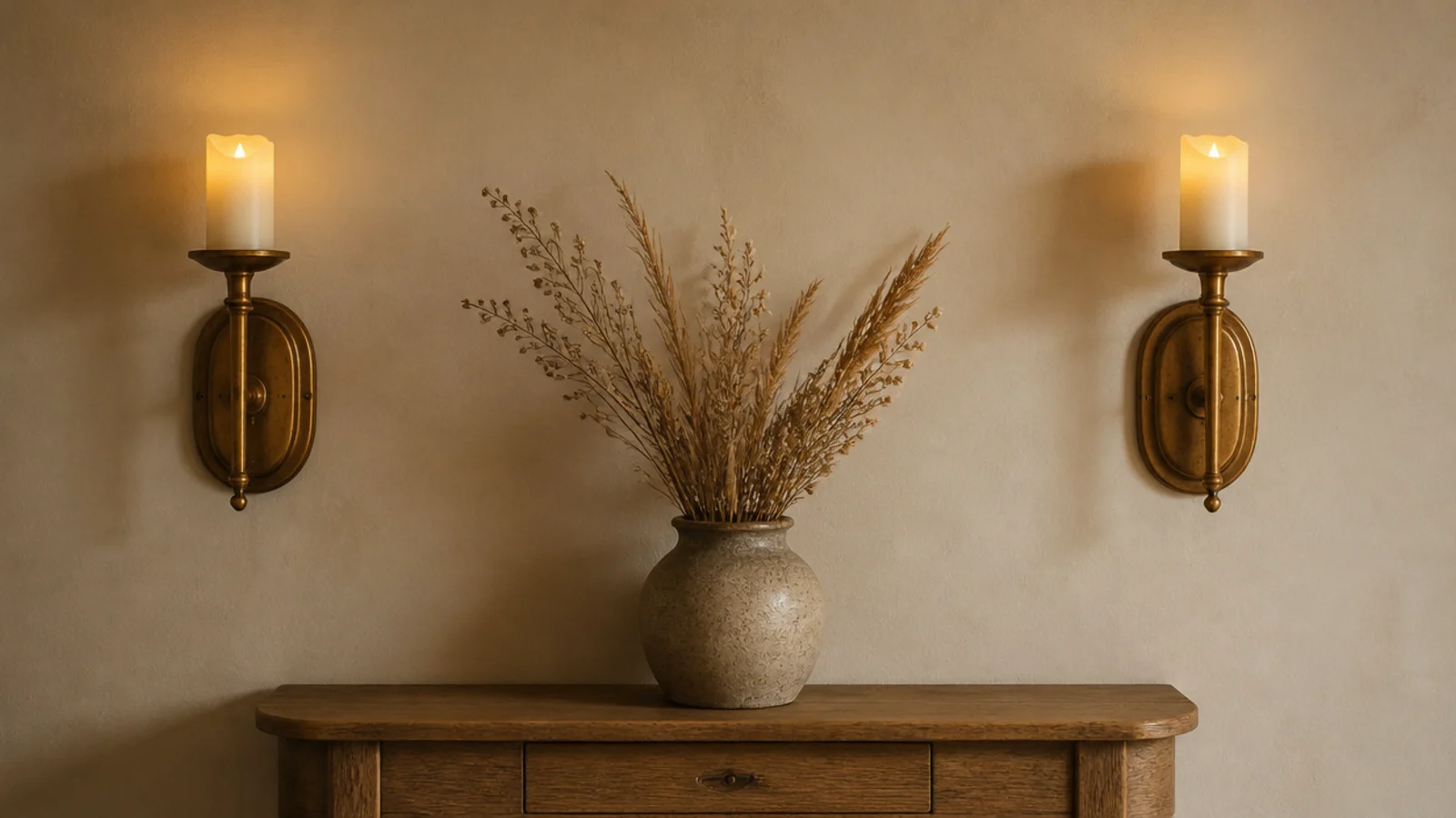 pair of brass wall sconces holding flameless pillar candles above a console