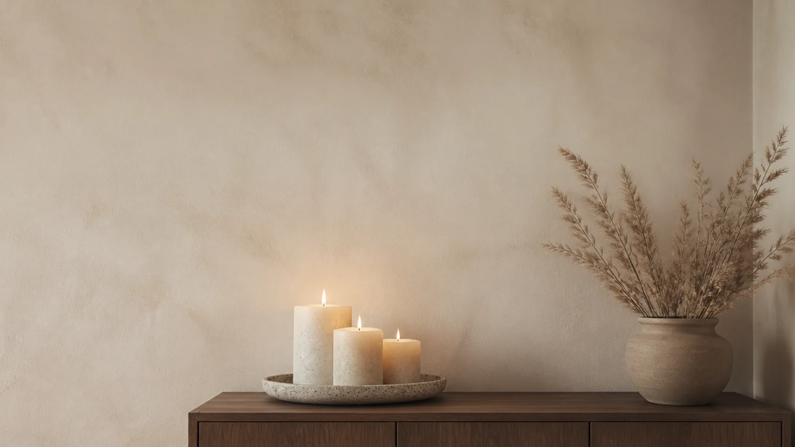vertical collage of aesthetic candle groupings on trays mantels and consoles