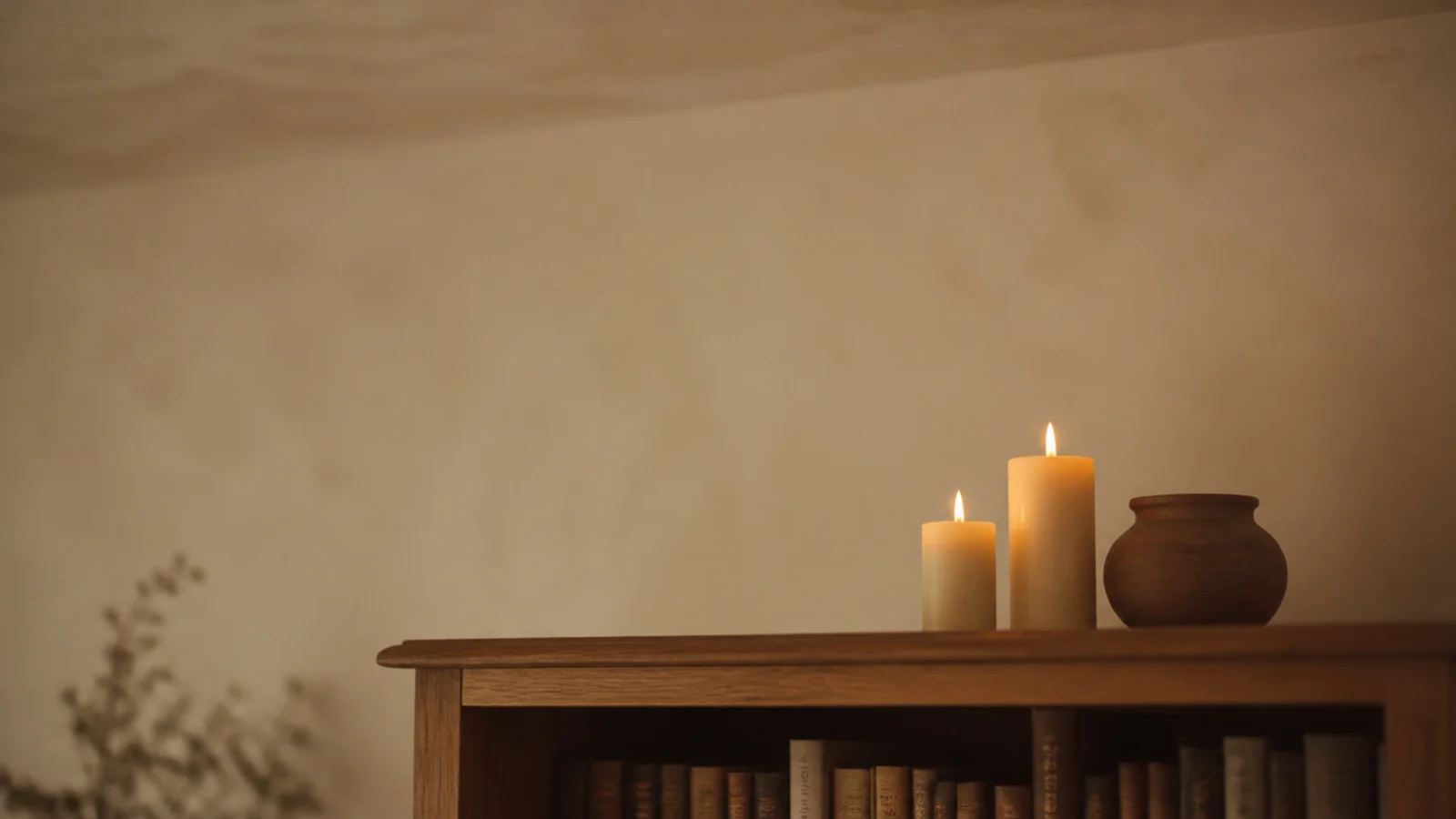 two lit pillar candles standing on the open top of a bookcase