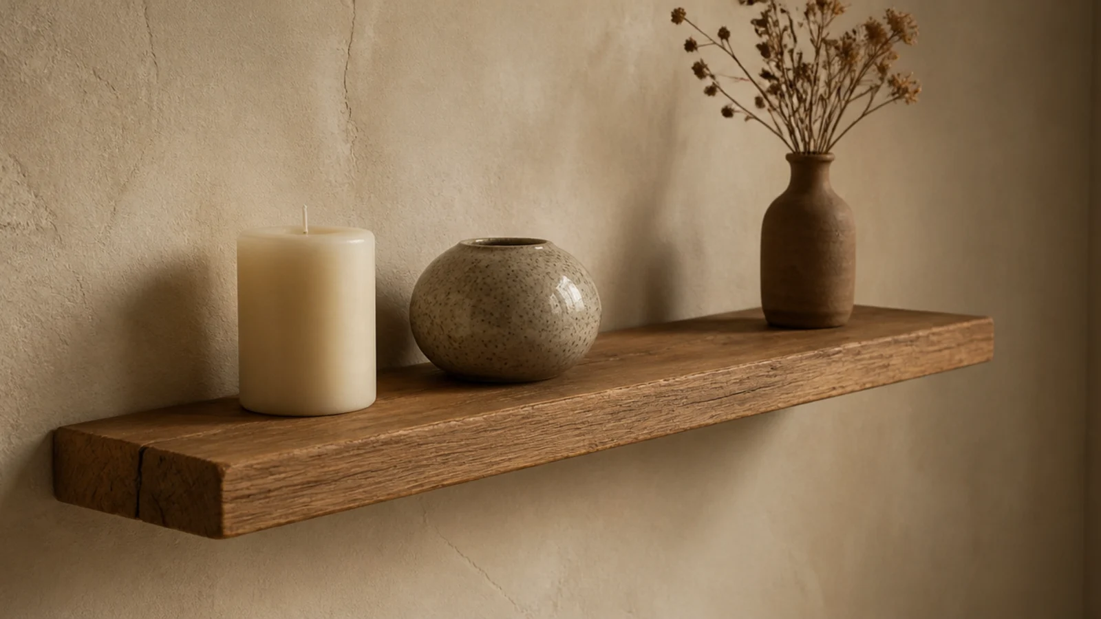 shelf trio of candle stoneware vessel and dried stems in clay