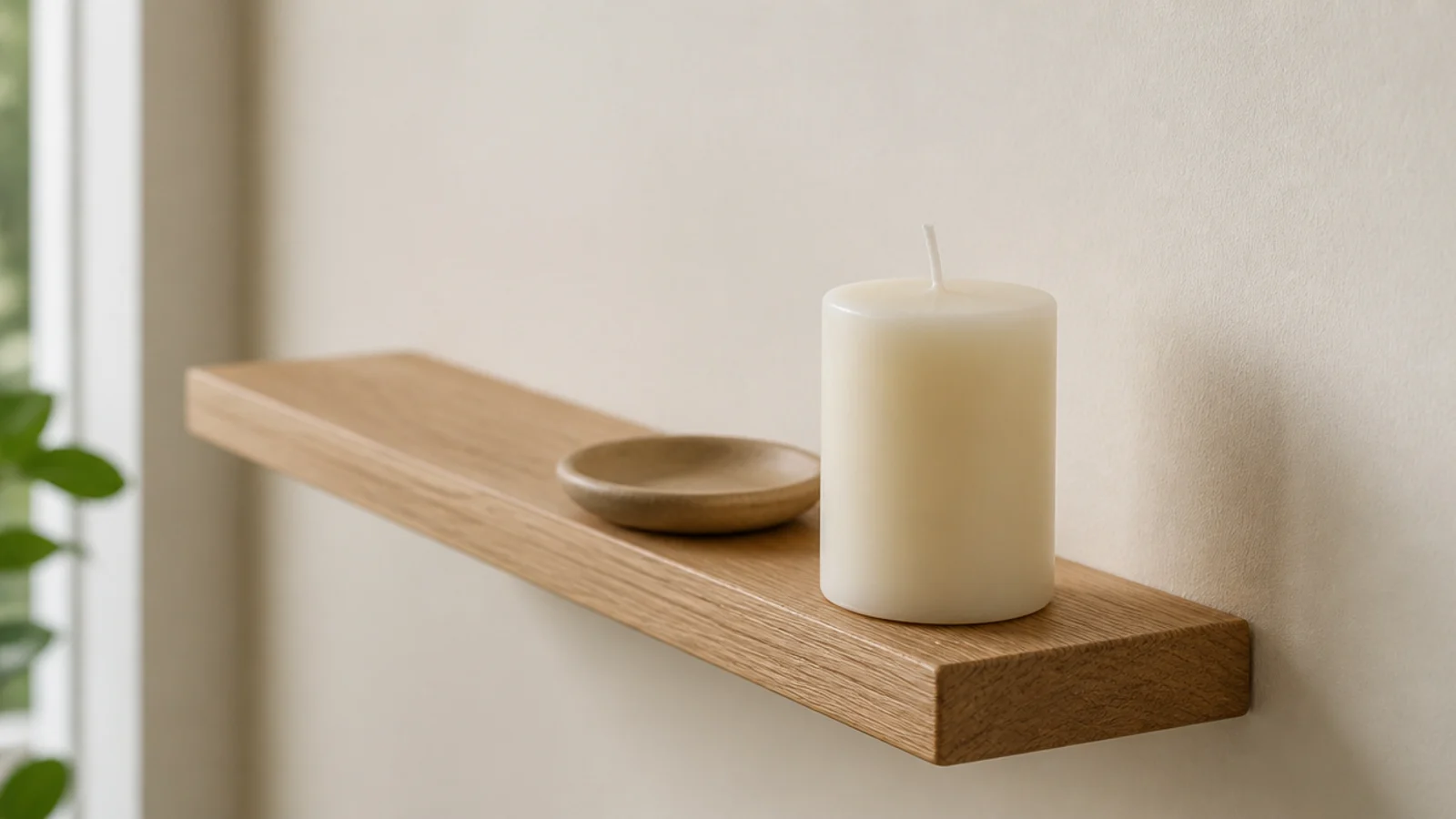 candle pulled forward from the wall on a narrow floating shelf