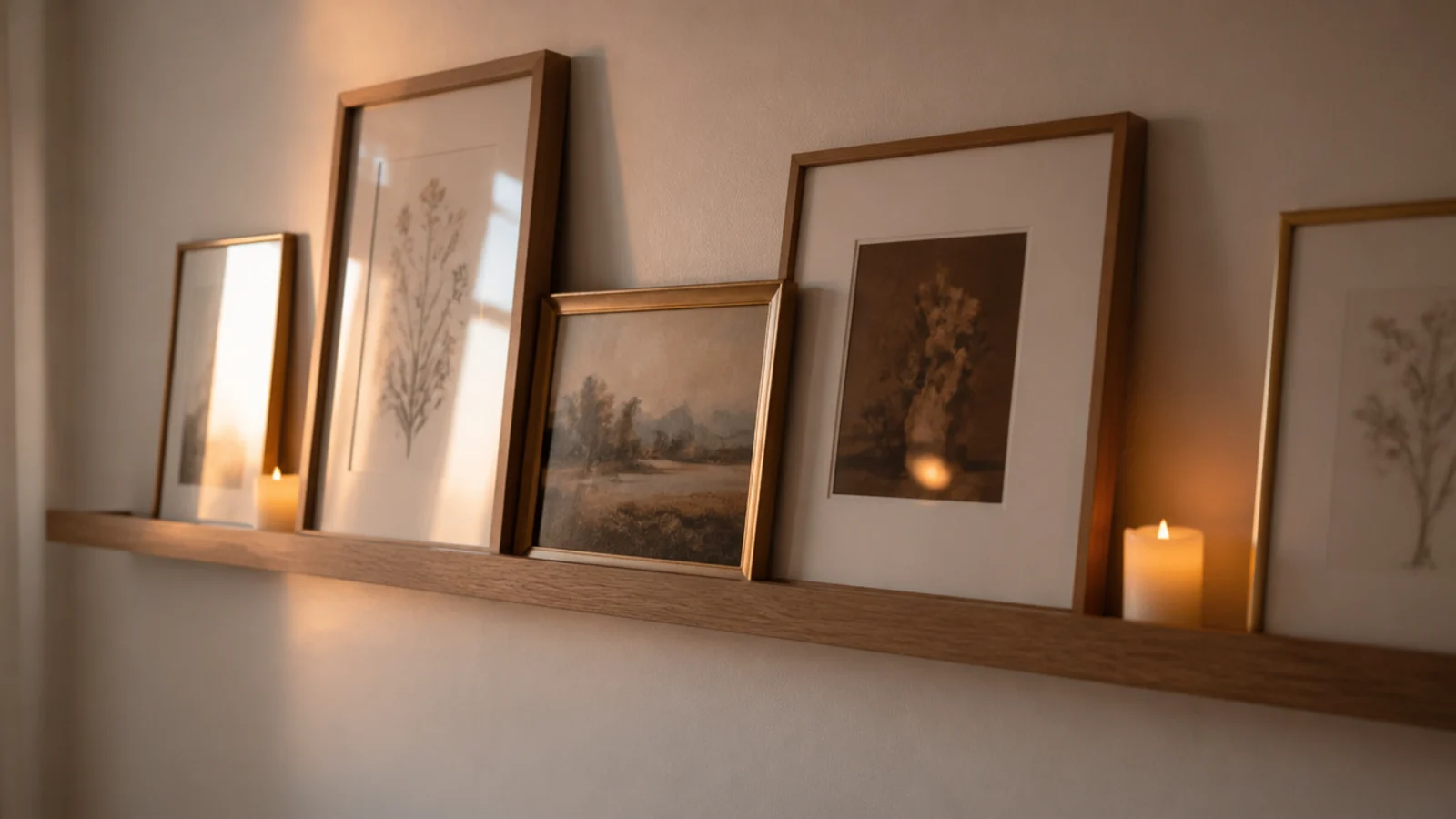 picture ledge with leaning art and small flameless candles between frames