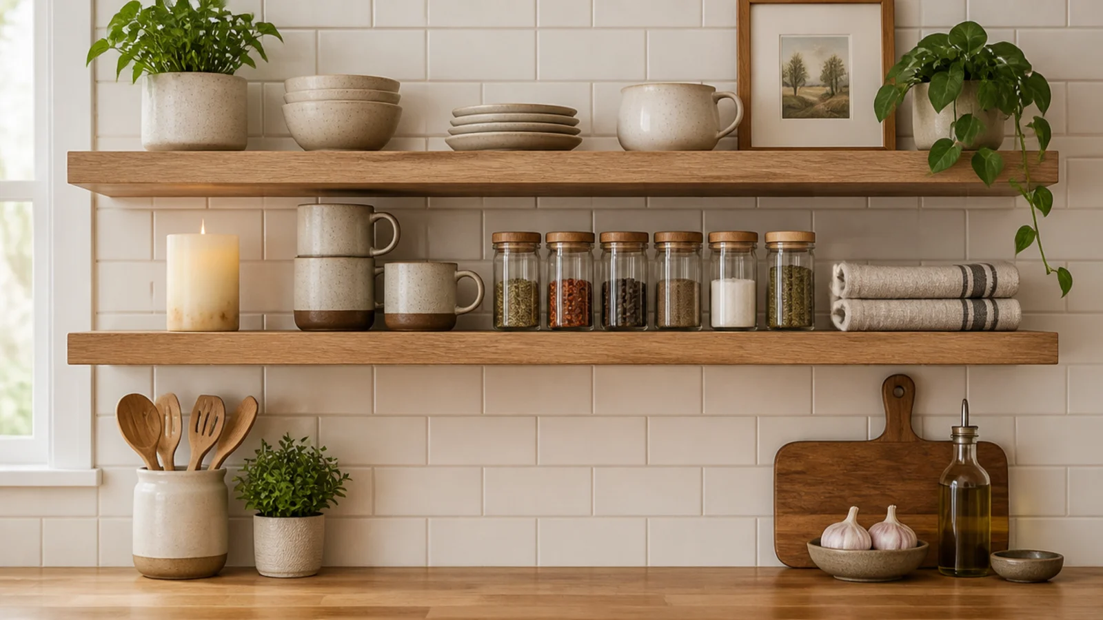 flameless candle glowing on kitchen open shelving beside ceramic mugs