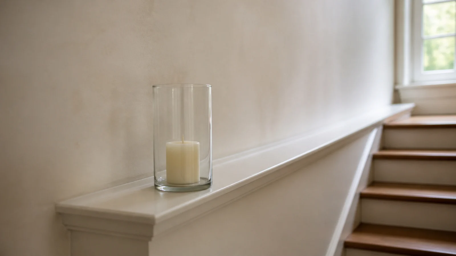 hurricane glass sheltering a candle on a narrow stair ledge