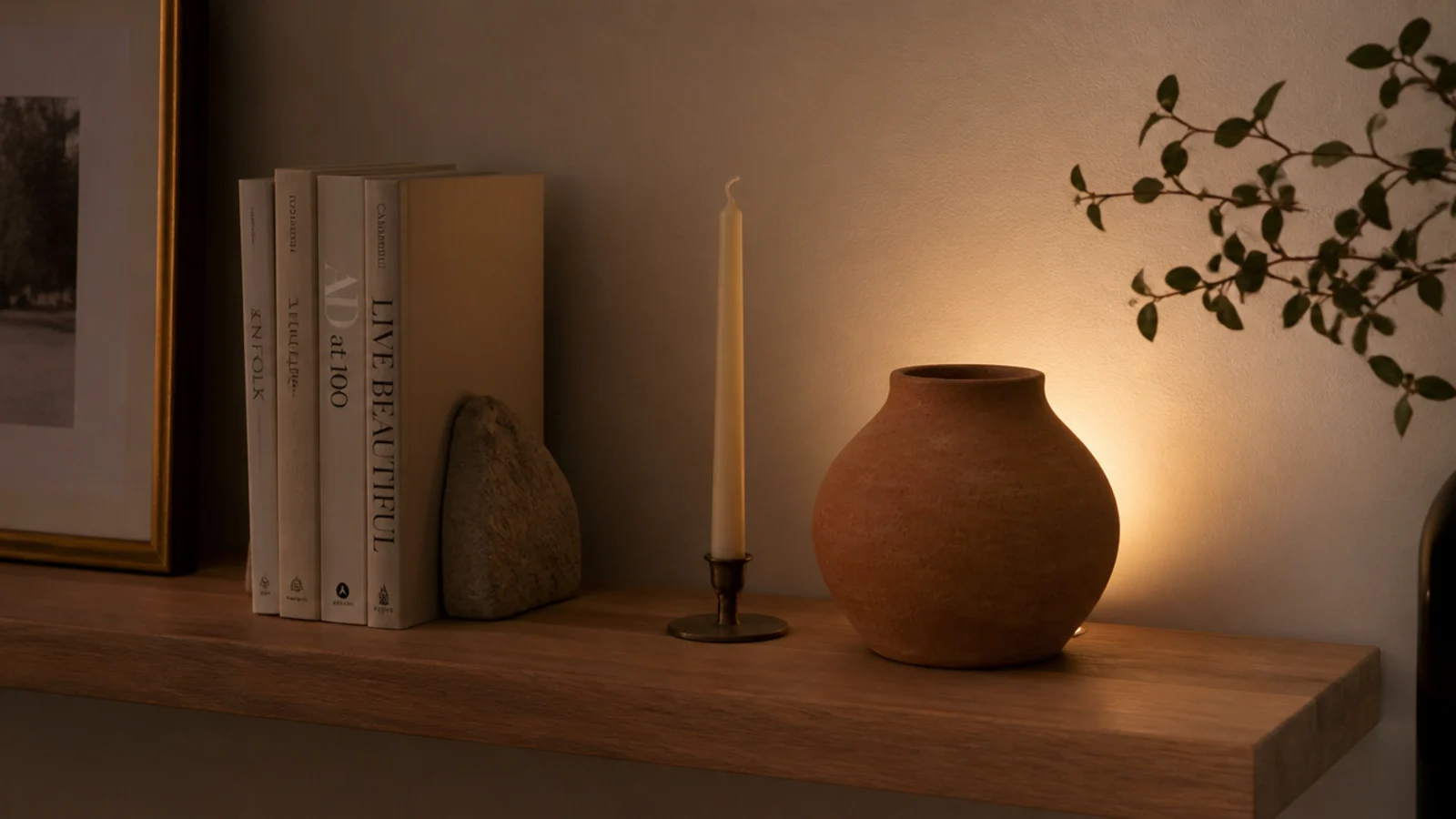 warm puck light hidden behind pottery casting glow across a shelf