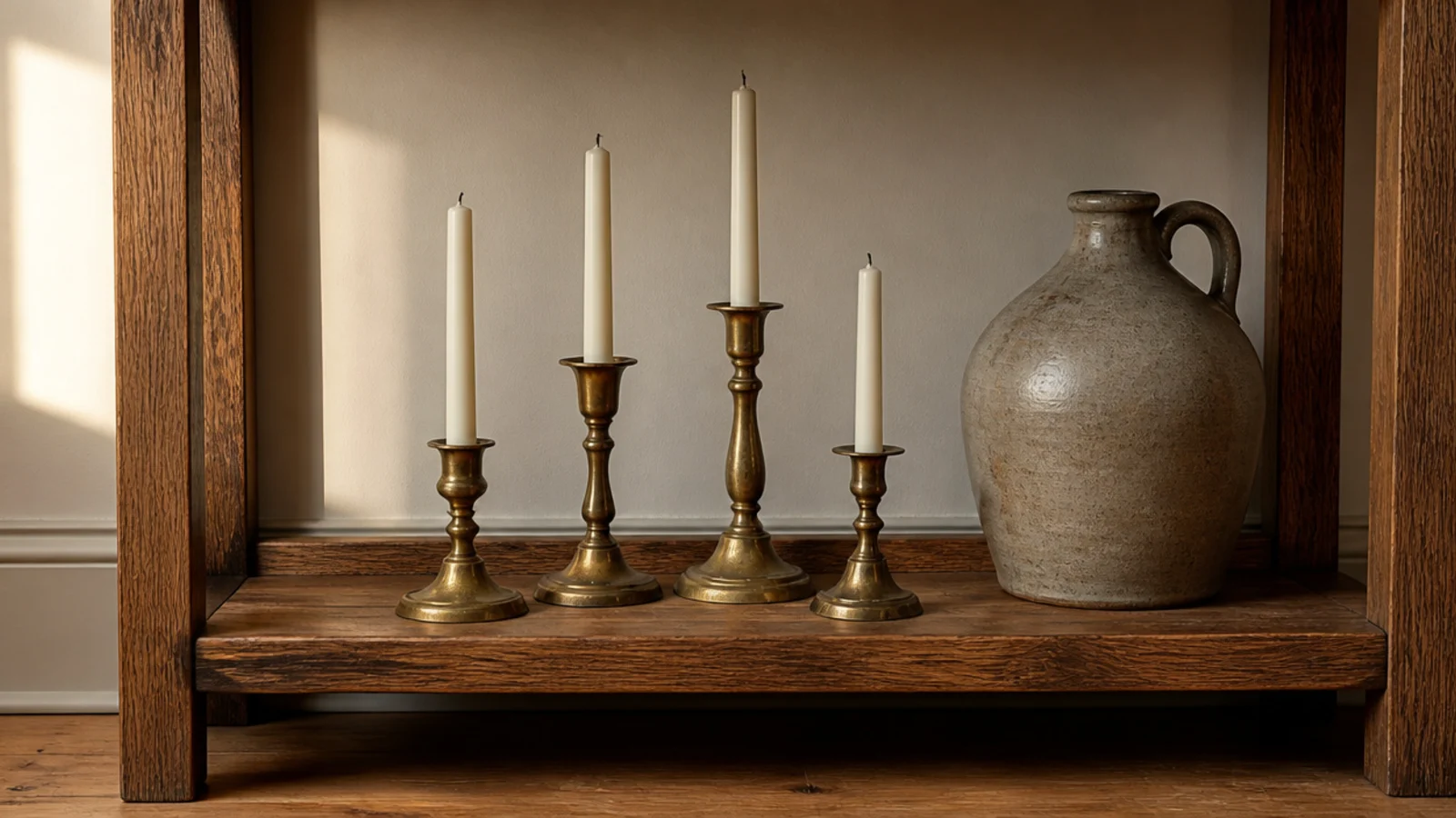 row of thrifted brass candlesticks arranged on a low shelf tier