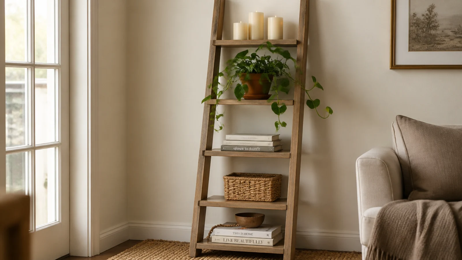 leaning wooden ladder shelf styled with candles pottery and plants