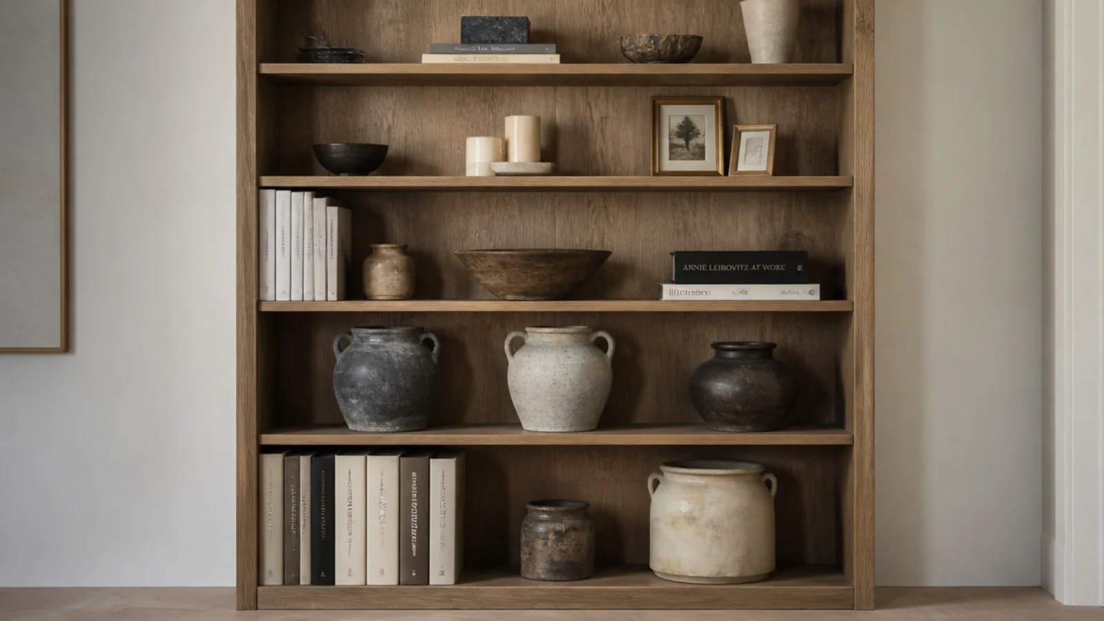 heavy stoneware and books loaded on the lowest shelves of a unit