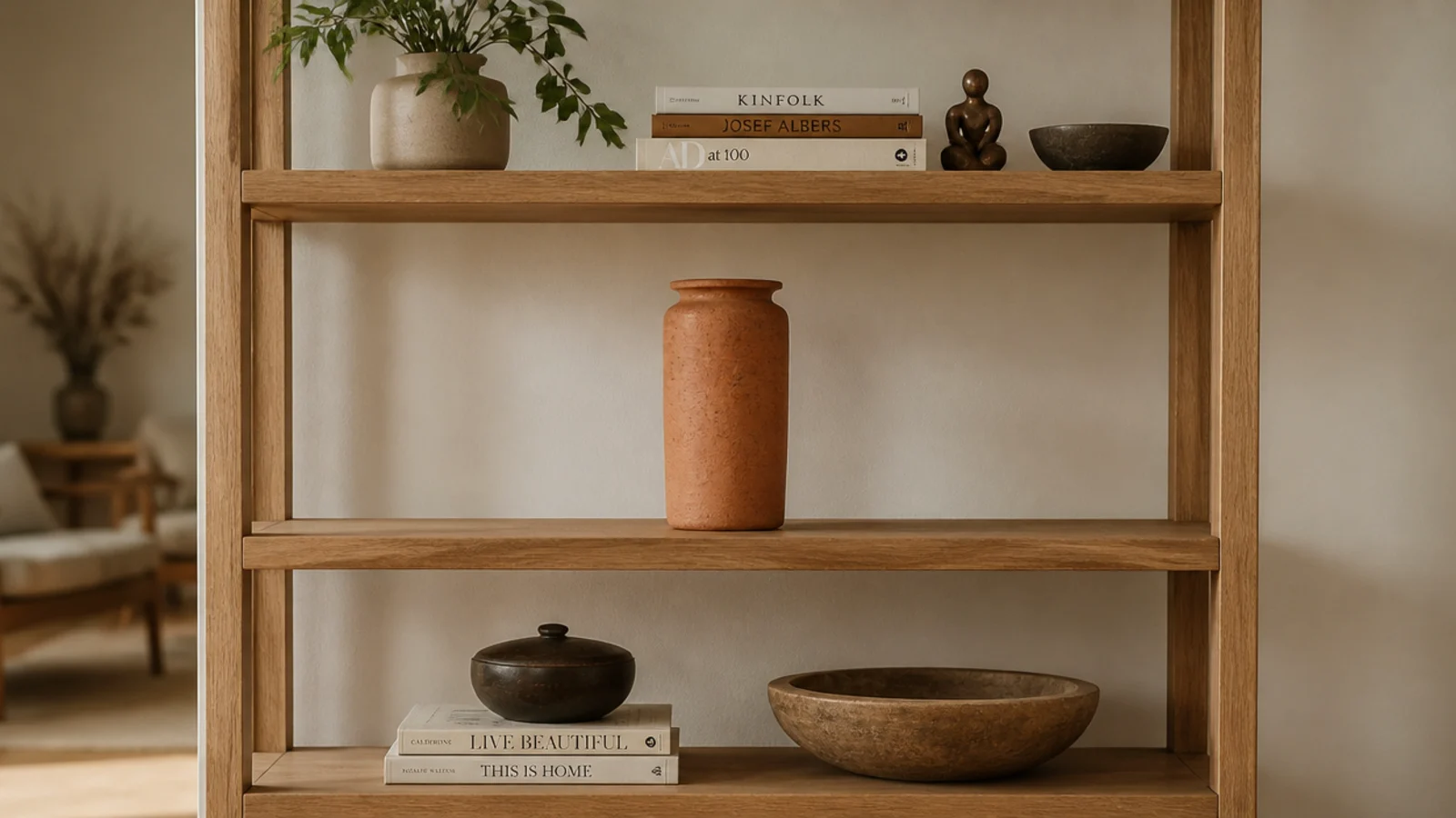 shelving unit with one deliberately sparse tier holding a single vessel