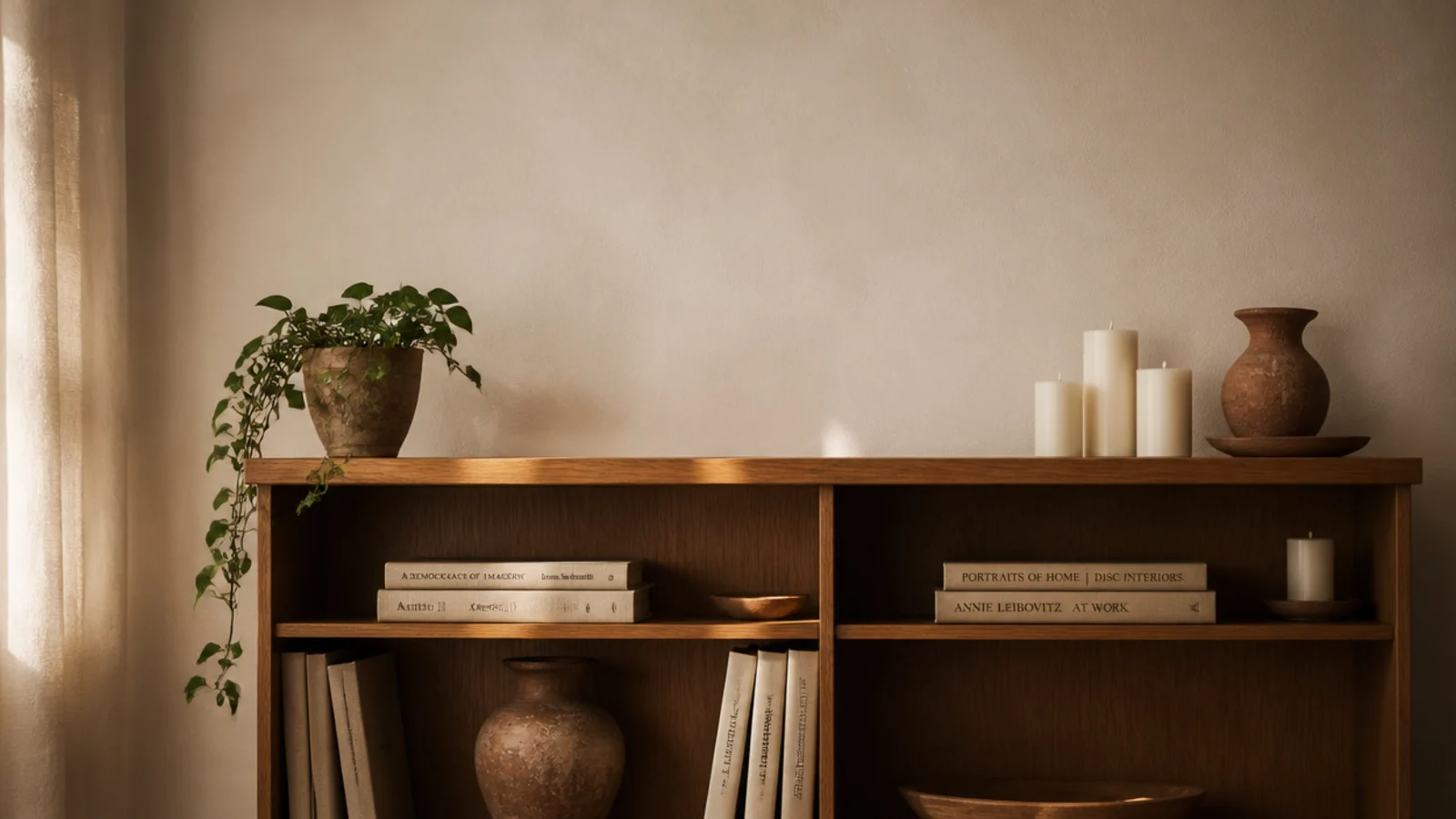 aesthetic candle shelf styled with flameless pillars pottery and stacked books