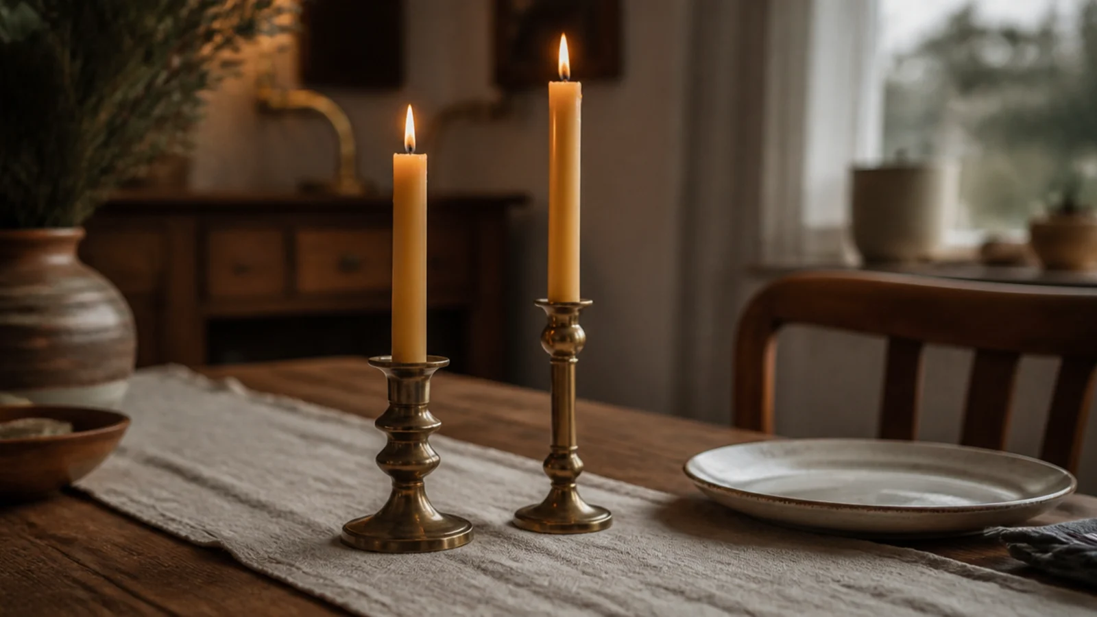 pair of natural beeswax tapers burning in aged brass holders on linen